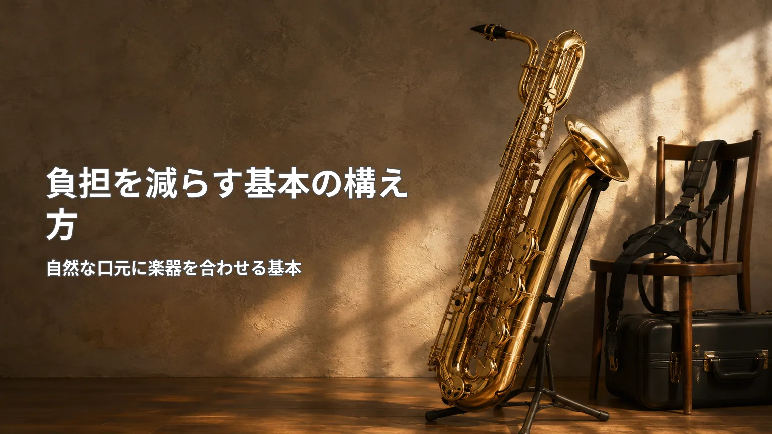 バリトンサックスの写真に、自然な口元へ楽器を合わせる基本の構え方で負担を減らすことを示した画像