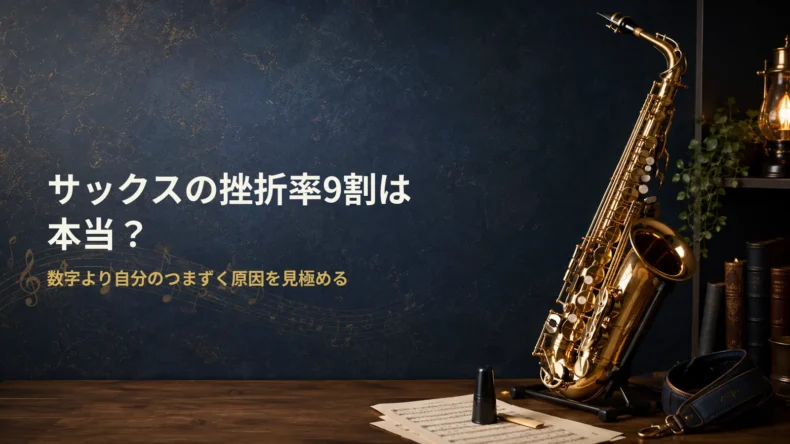 暗い青の背景にサックスが置かれ、「サックスの挫折率9割は本当? 数字より自分のつまずく原因を見極める」と表示された画像