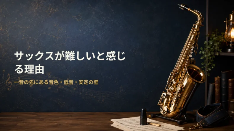 暗い青の背景にサックスが置かれ、「サックスが難しいと感じる理由 一音の先にある音色・低音・安定の壁」と表示された画像