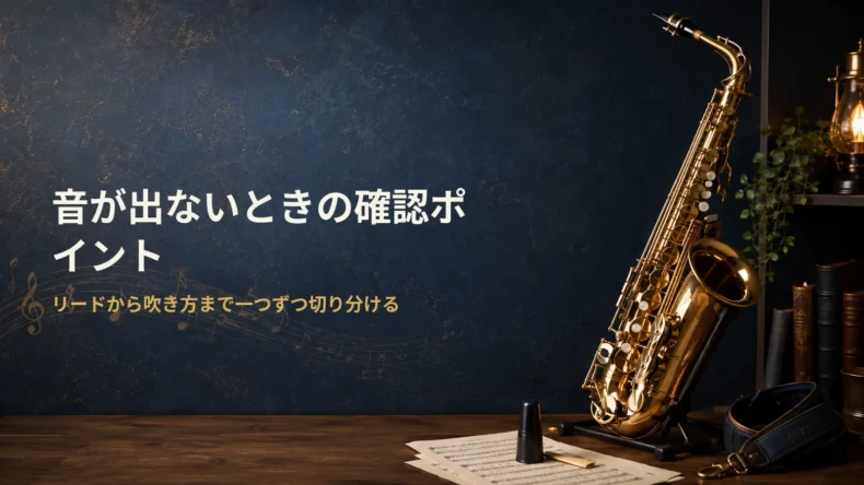 暗い青の背景にサックスが置かれ、「音が出ないときの確認ポイント リードから吹き方まで一つずつ切り分ける」と表示された画像