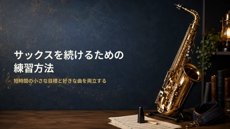 暗い青の背景にサックスが置かれ、「サックスを続けるための練習方法 短時間の小さな目標と好きな曲を両立する」と表示された画像