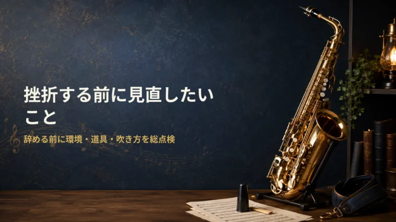 暗い青の背景にサックスが置かれ、「挫折する前に見直したいこと 辞める前に環境・道具・吹き方を総点検」と表示された画像