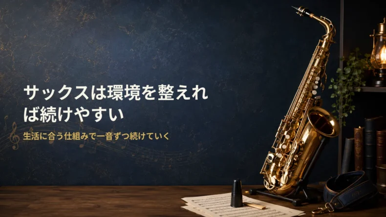 暗い青の背景にサックスが置かれ、「サックスは環境を整えれば続けやすい 生活に合う仕組みで一音ずつ続けていく」と表示された画像