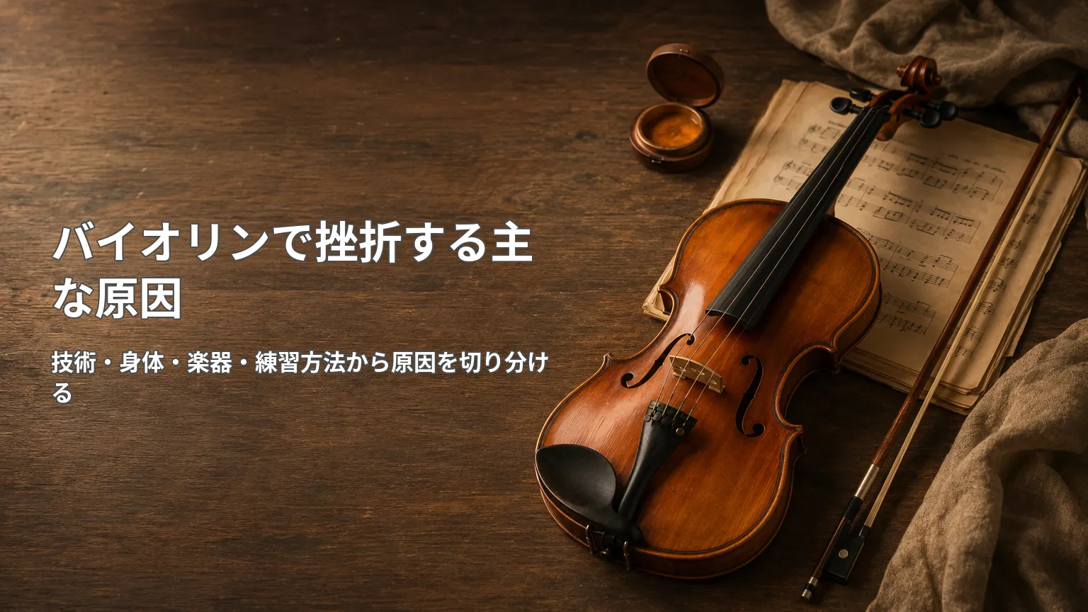木製テーブル上のバイオリンと楽譜を背景に、挫折の主な原因を技術・身体・楽器・練習方法から切り分ける画像