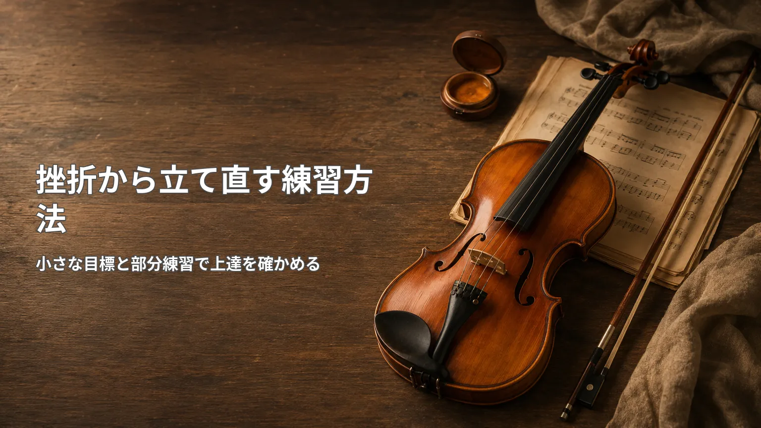 木製テーブル上のバイオリンと楽譜を背景に、小さな目標と部分練習で挫折から立て直す方法を示す画像