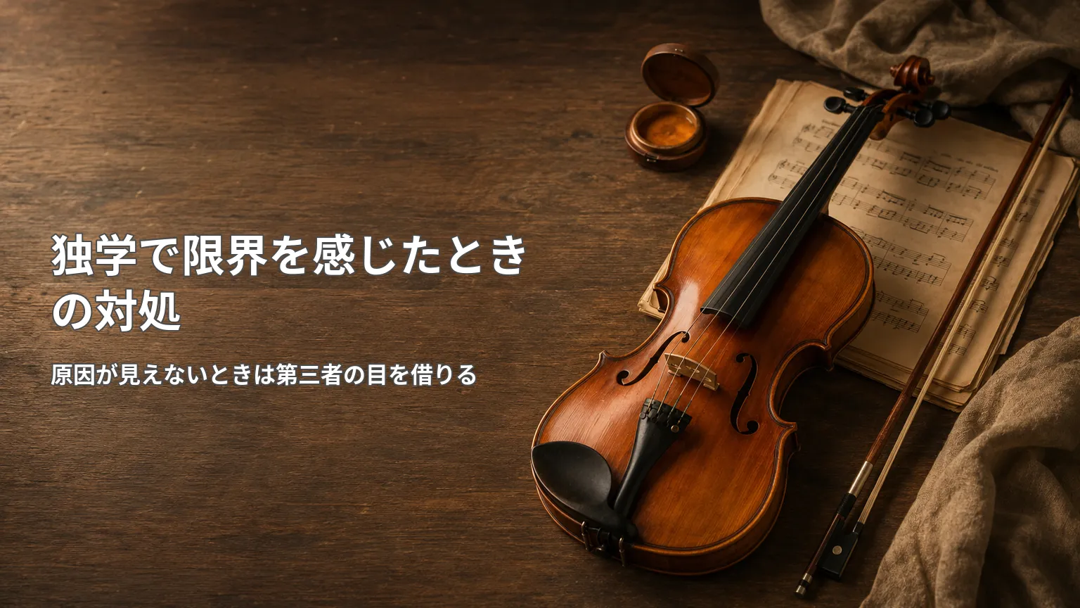 木製テーブル上のバイオリンと楽譜を背景に、独学で原因が見えないとき第三者の目を借りる対処を示す画像