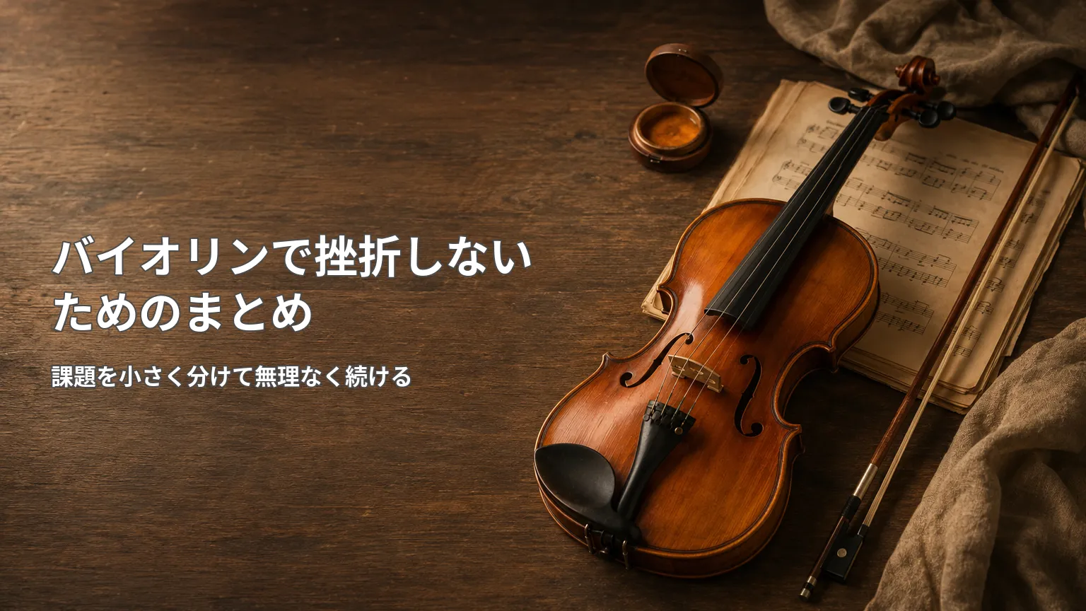 木製テーブル上のバイオリンと楽譜を背景に、課題を小さく分けて無理なく続ける挫折防止のまとめ画像