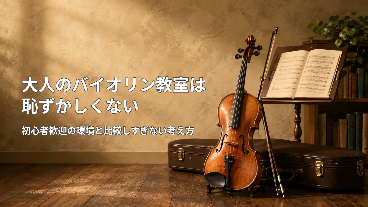 大人のバイオリン初心者が教室で基礎からレッスンを受け、安心して演奏を始める様子を表した画像