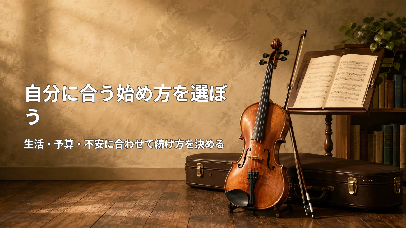 教室・独学・併用から生活や予算、心理的な負担に合うバイオリンの始め方を選ぶ様子を示した画像