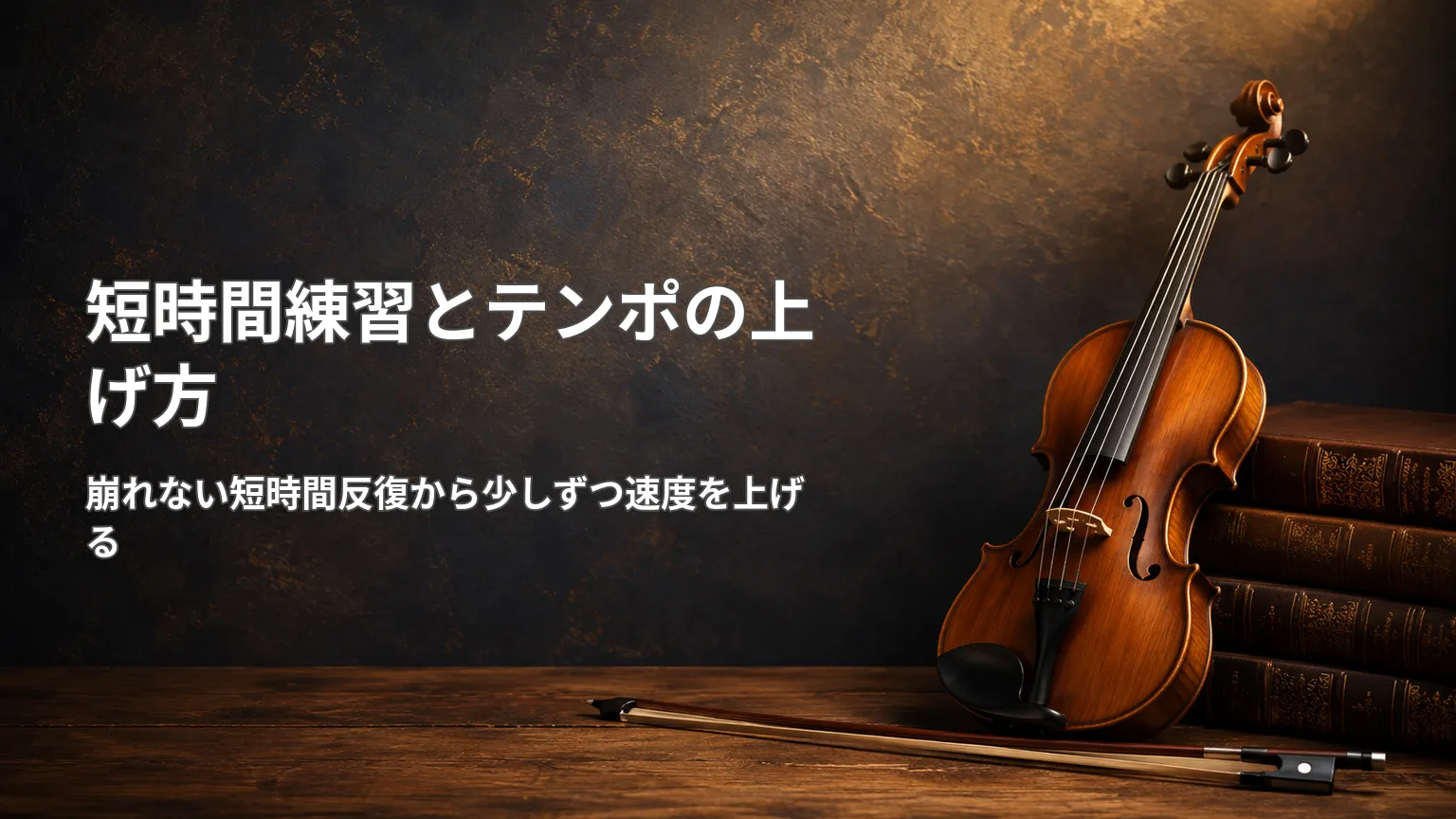 古い本とバイオリンを背景に、短時間練習とテンポの上げ方として崩れない反復から少しずつ速度を上げる方法を示す画像