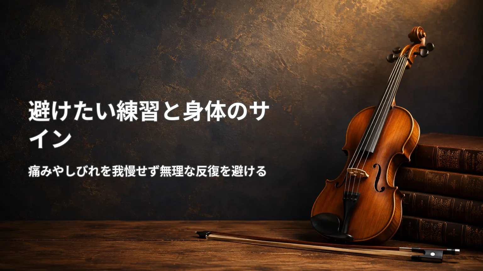 古い本とバイオリンを背景に、避けたい練習と身体のサインとして痛みやしびれを我慢せず無理な反復を避ける画像