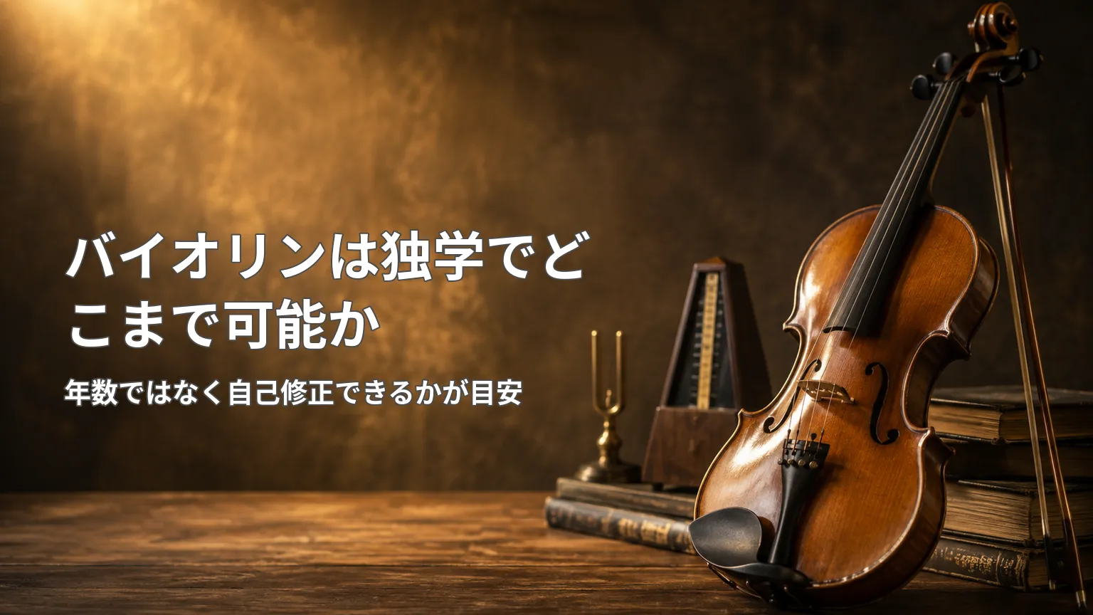 暖かな照明の中のバイオリンと「バイオリンは独学でどこまで可能か」という見出しを示した画像