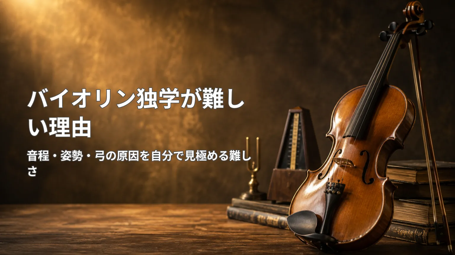 バイオリンの写真と「バイオリン独学が難しい理由」「音程・姿勢・弓の原因を自分で見極める難しさ」と示した画像