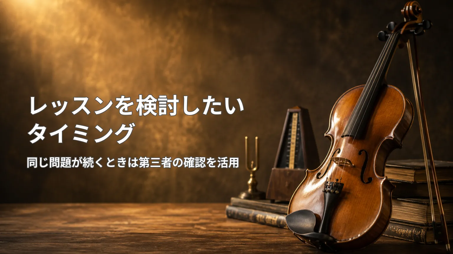 バイオリンの写真と「レッスンを検討したいタイミング」「同じ問題が続くときは第三者の確認を活用」と示した画像