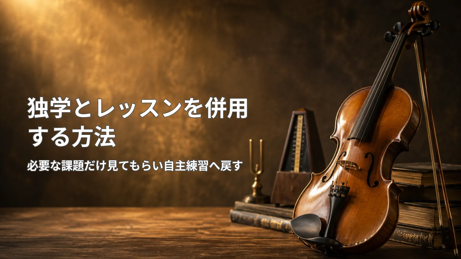 バイオリンの写真と「独学とレッスンを併用する方法」「必要な課題だけ見てもらい自主練習へ戻す」と示した画像
