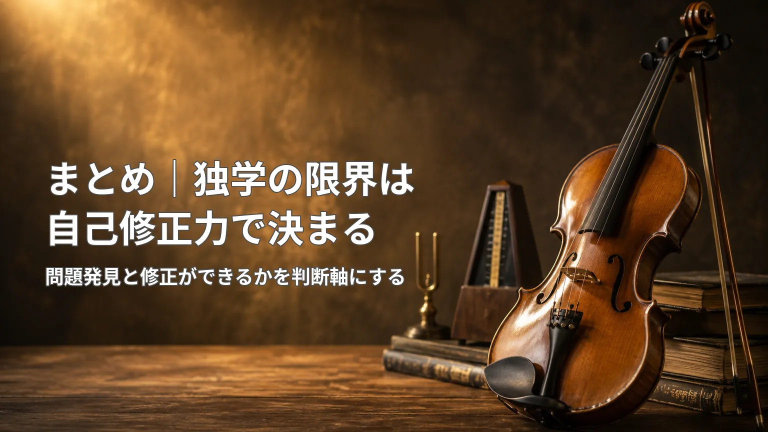 バイオリンの写真と「まとめ|独学の限界は自己修正力で決まる」「問題発見と修正ができるかを判断軸にする」と示した画像