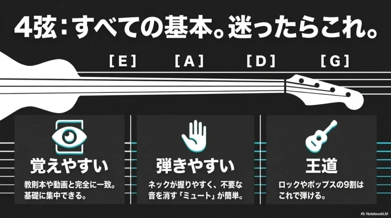 4弦ベースのE・A・D・Gチューニングと覚えやすさや弾きやすさを解説した図