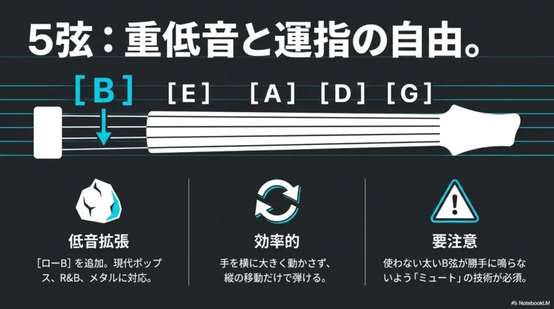 5弦ベースのB・E・A・D・Gチューニングと低音拡張や運指、ミュートの特徴を示した図