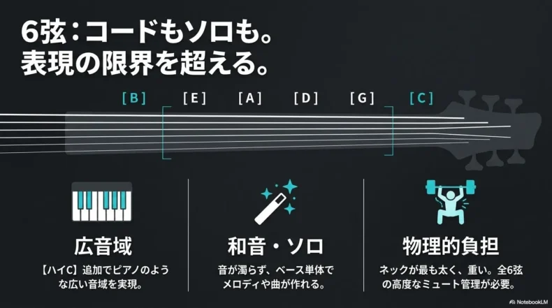 6弦ベースのB・E・A・D・G・Cチューニングとコードやソロ演奏への適性を示した図