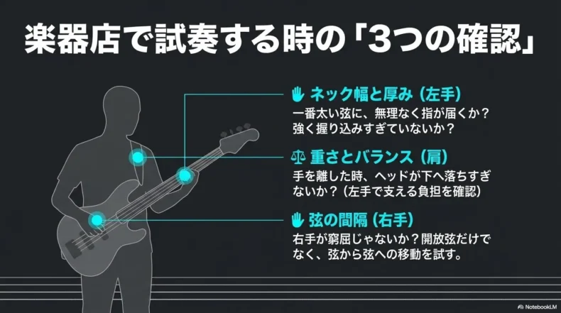楽器店でエレキベースを試奏するときにネック幅、重量バランス、弦間隔を確認する方法