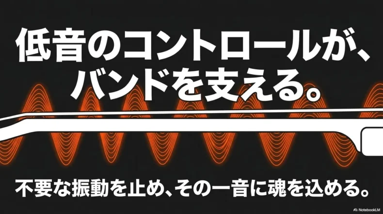 不要な低音の振動を止め、一音を明確にしてバンドを支える5弦ベースの役割