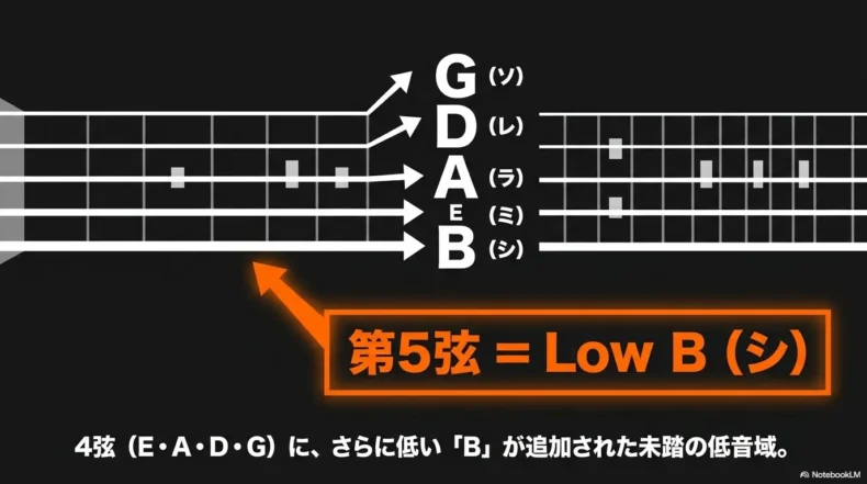 5弦ベースの各弦を太い方からB・E・A・D・Gと示した指板図