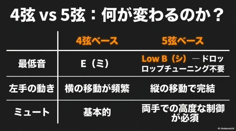 4弦ベースと5弦ベースの最低音、左手の動き、ミュートの違いを比較した表