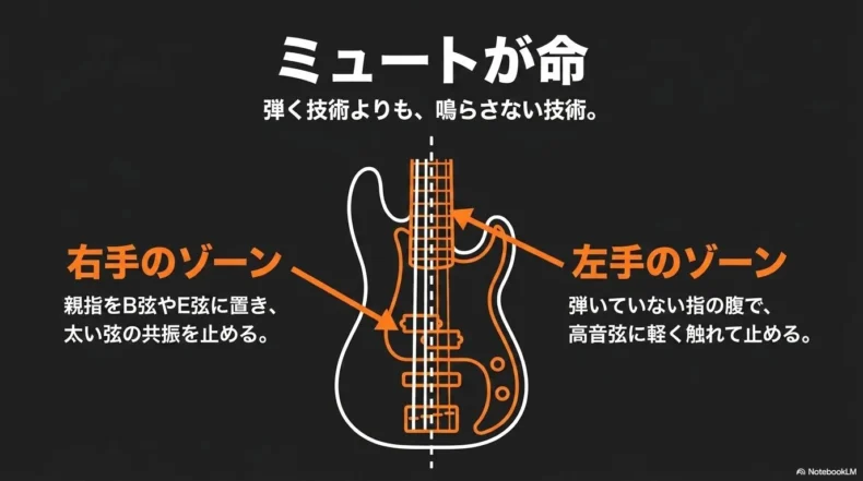 右手で低音側、左手で高音側の不要な弦を止めるミュート方法