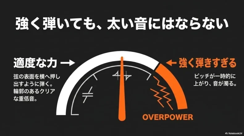 低音B弦は適度な力で弾き、強く弾きすぎると音程が上がり濁ることを示した図