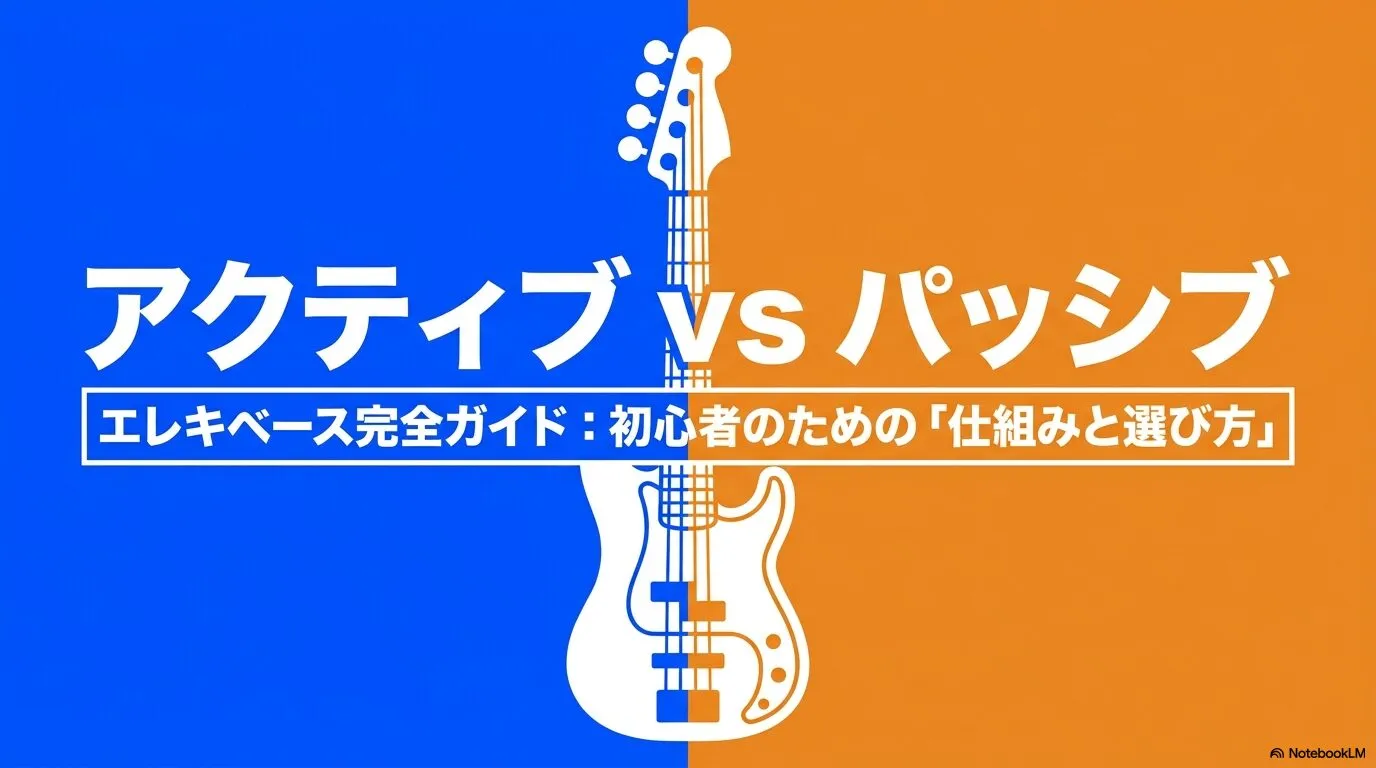 青とオレンジに分かれた背景で、ベースのシルエットとアクティブvsパッシブの題名を示す