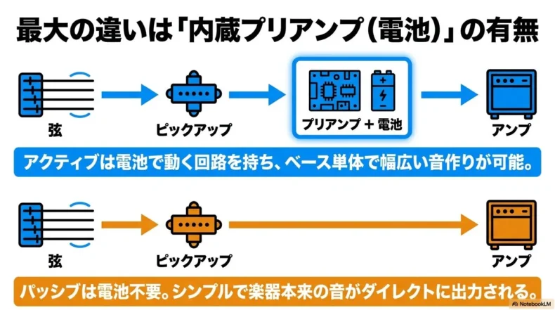 弦からピックアップ、プリアンプと電池、アンプへ進むアクティブと、直接出力するパッシブの流れ