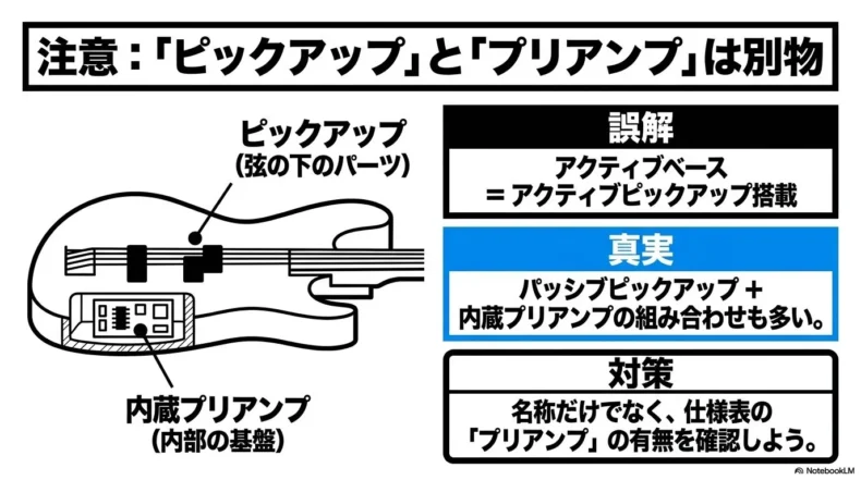 弦下のピックアップと内部基盤の内蔵プリアンプを示し、両者が別物であることを説明する