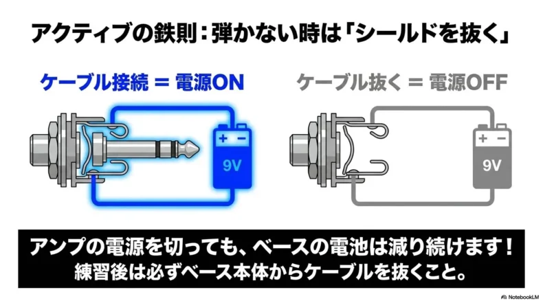 シールド接続で電源オン、ケーブルを抜くと電源オフになり、9V電池の消耗を防ぐ仕組み