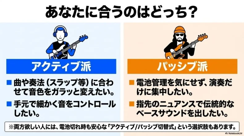 アクティブ派は音色を変えたい人、パッシブ派は電池管理を気にせず演奏したい人に向く