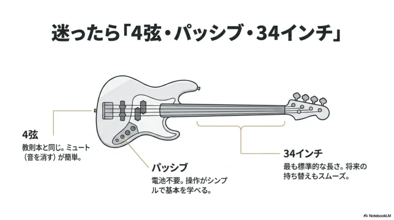 初心者向けの4弦・パッシブ・34インチベースと、それぞれの操作性や標準性の特徴
