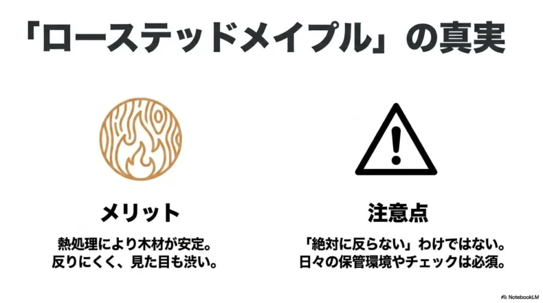 ローステッドメイプルは熱処理で安定性を高める一方、反りを完全には防げないという注意点