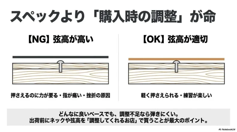 弦高が高い状態と適切な状態を比較し、購入時のネックと弦高調整の重要性を示す図