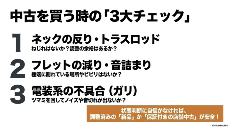 中古ベース購入時に確認するネックとトラスロッド、フレット、電装系の3項目