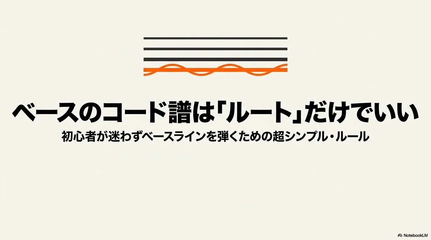 「ベースのコード譜はルートだけでいい」という要点と、低音ラインを表すシンプルな図が示されている