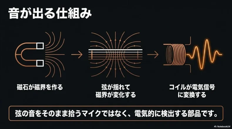 磁石が磁界を作り、弦の振動で磁界が変化し、コイルが電気信号へ変換する流れ