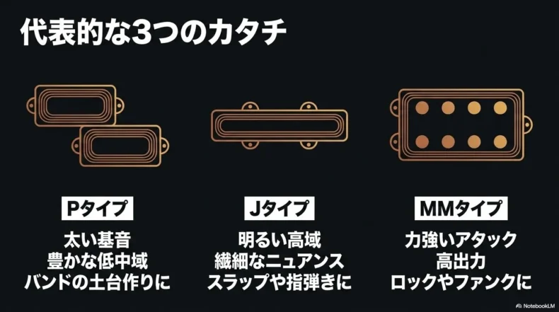 Pタイプ、Jタイプ、MMタイプの外形と音の傾向を並べて比較した図