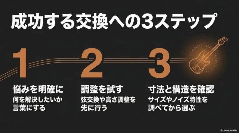 悩みの明確化、調整、寸法確認の3段階で交換を進める手順を示した図