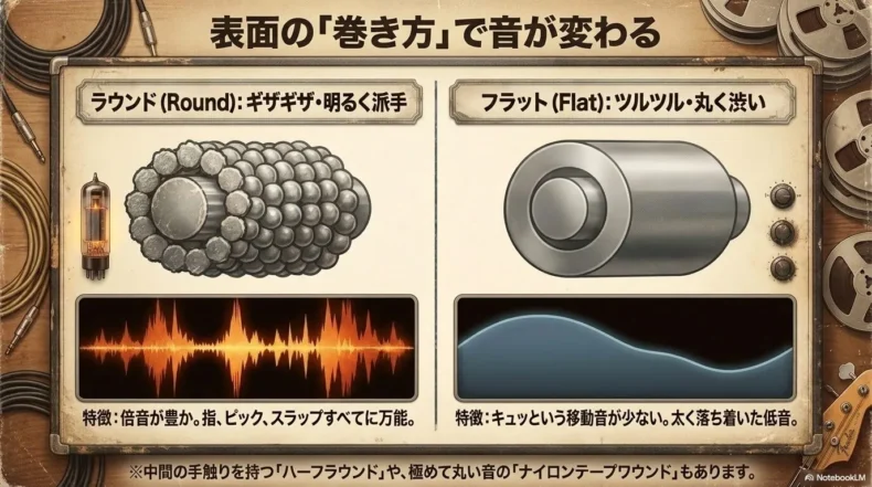 明るく倍音の多いラウンドワウンドと丸く落ち着いたフラットワウンドの構造と音の違い