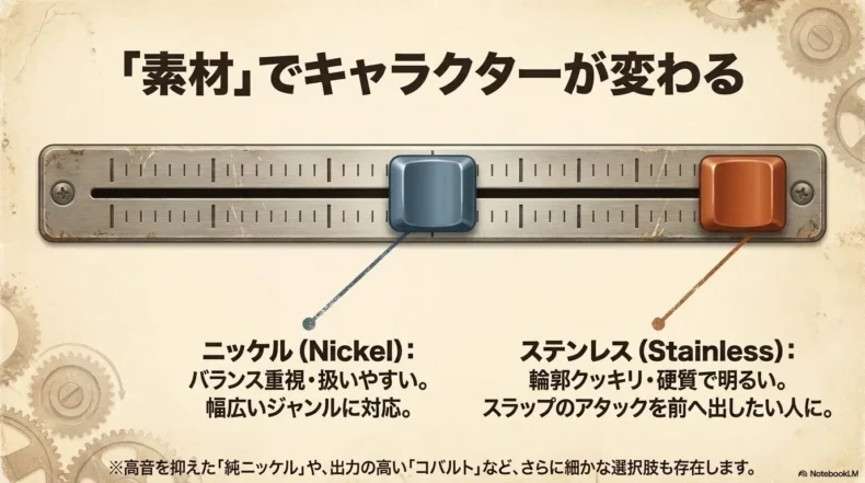 バランスがよく扱いやすいニッケル弦と明るく輪郭の強いステンレス弦の比較