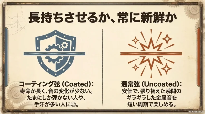 違い
寿命が長く音の変化が少ないコーティング弦と新品の金属音を楽しめる通常弦の違い
