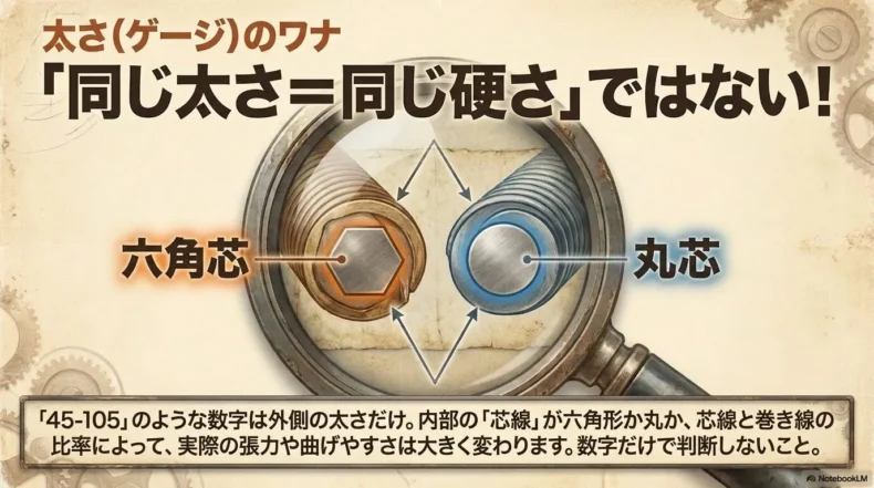 同じゲージでも弾き心地や張力が変わるベース弦の六角芯と丸芯の構造