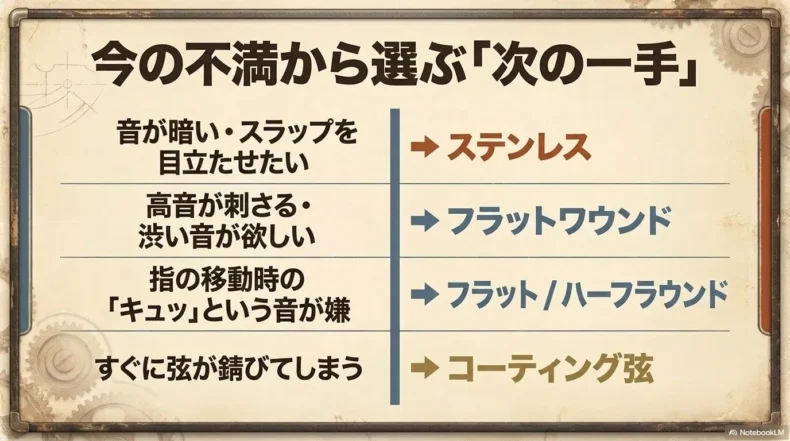 音の暗さや高音の鋭さ、フィンガーノイズ、錆びやすさから適したベース弦を選ぶ方法