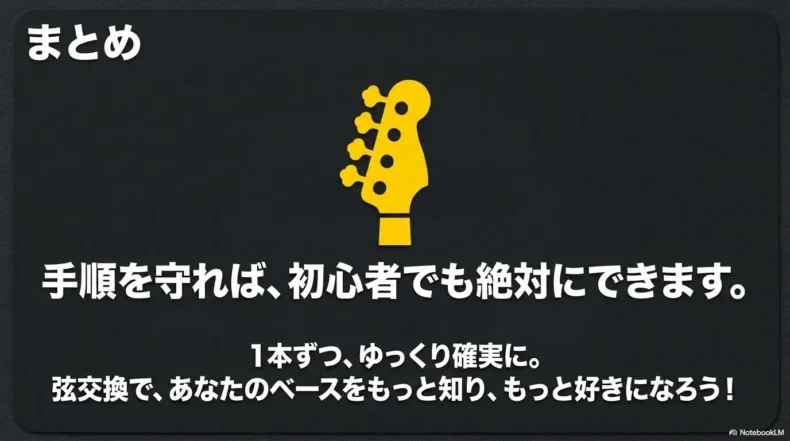 手順を守り1本ずつゆっくり交換すれば初心者でも弦交換できることを示すまとめ