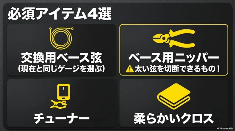 交換用ベース弦、ベース用ニッパー、チューナー、柔らかいクロス