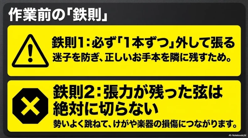 弦を1本ずつ交換し張力が残った弦を切らないという弦交換の鉄則